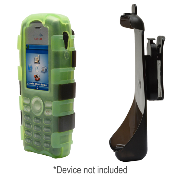 BackOpen Silicone Case w/Clamshell & Holster Clip fits Cisco 7925G/7925G-EX, Dock-in-Case, GREEN